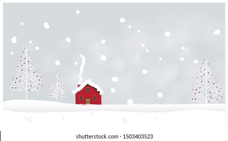 Panorama Vector illustration of Countryside landscape in winter.Banner of red barn in winter. Snowy mountain or hill   in the fog with light and shadow image with noise and grain.