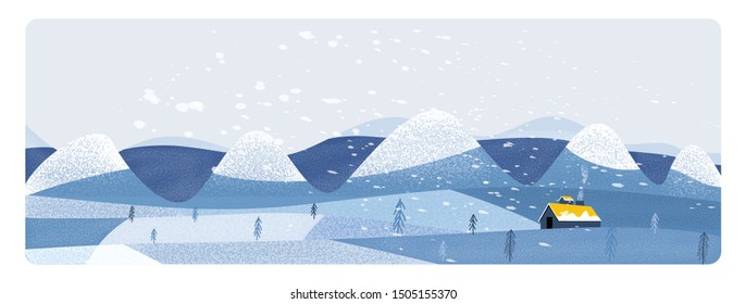 Panorama Vector illustration of Countryside landscape in winter.Banner of free form  farm landscape in winter. snow over the  mountain with small pine trees and old barn.Image with noise and grain. 