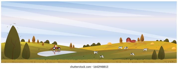 Panorama Vector illustration of Countryside landscape in autumn, banner of farm house or countryside.The yellow foliage mountains or hill with falling leaves.The scene of barn,cattle,pond and tractor 