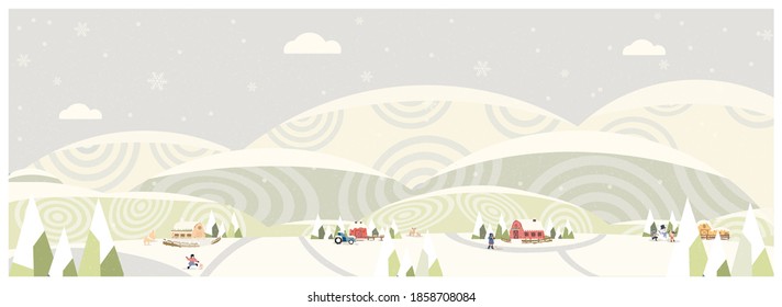 Panorama Vector illustration of Countryside landscape in winter,banner of farm house.Vintage ice green mountains or hill with snowflake,barn and antilope deer.