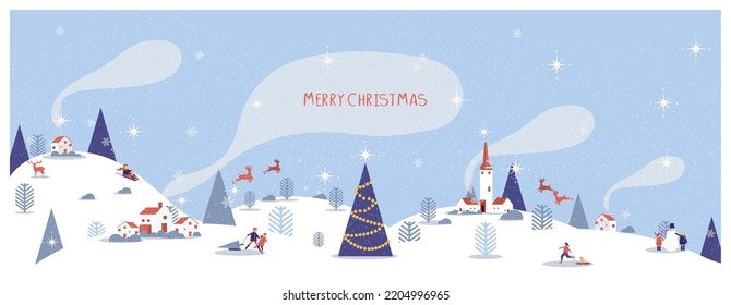 Panorama Vector illustration of Countryside landscape in winter,banner of mountain village with castle.The blue  mountains or hill with snowman,people happy,antelope. deer and christmas tree