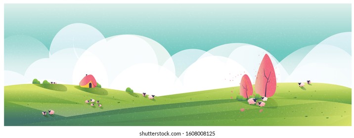 Panorama Vector illustration of Countryside landscape.Minimalist image of sheep farm in spring or summer.Green valley with bright sky and cloud.Image with noise and grain.Green and pink coral color.  