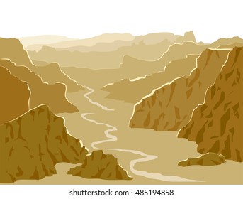 Panorama vector illustration. Landscape with huge yellow mountains. Mountain ridges and valley