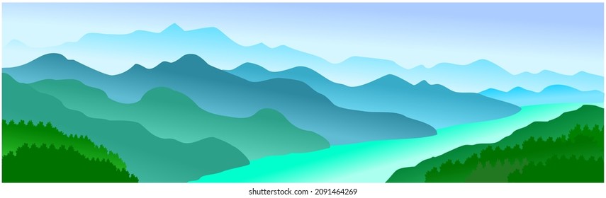 panorama vector illustration of mountain ridges and river landscape