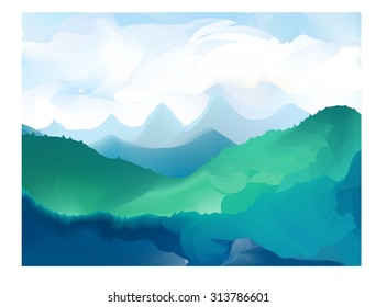 Panorama vector illustration of mountain ridges. Peaks, blue green hills, forest, clouds in the sky. Watercolor imitating stylized painting. EPS 10 colorful background for your design and business.