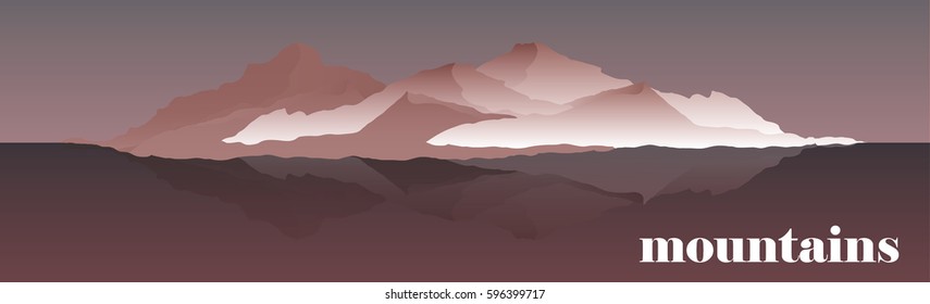Panorama vector illustration of mountain ridges. Mountaineering and Traveling Vector Illustration. Landscape with Mountain Peaks and water. Extreme Sports, Vacation camping and Outdoor Recreation