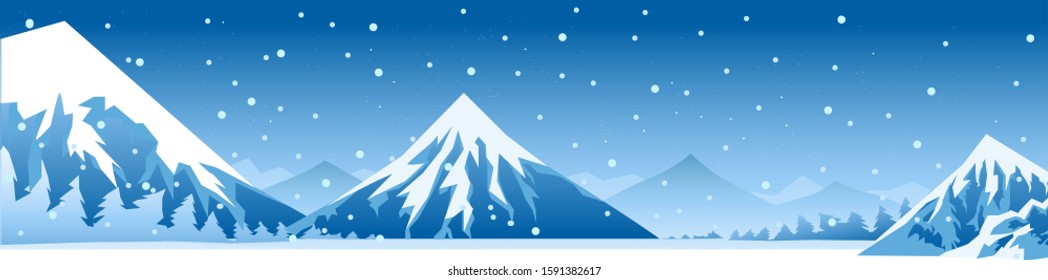 Panorama vector illustration of scenic blue winter landscape with snowy mountains.