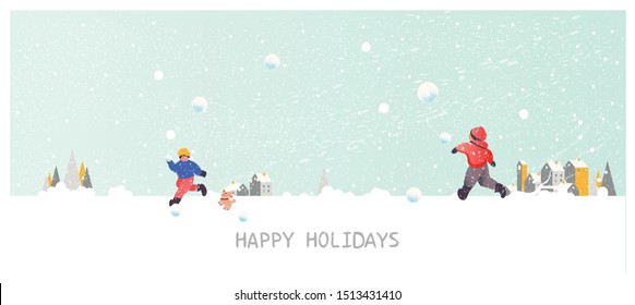 Panorama Vector illustration of Urban city landscape in winter with pine tree ,snow fir ground ,fog and snow fall. Kids play snowball outside the house.winter concept with happy holidays text  