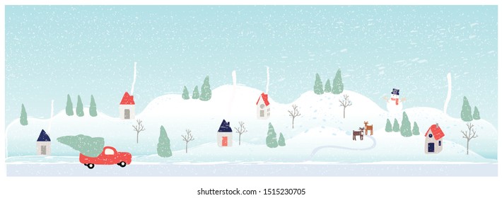 Panorama Vector illustration of Urban city landscape in winter with pick up truck carrying Christmas tree,snow fir ground ,fog and snow fall. Kids play outside the house.Minimal xmas winter landscape.