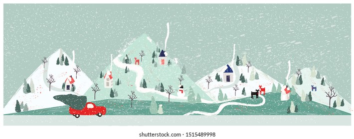 Panorama Vector illustration of Urban city landscape in winter with pick up truck carrying Christmas tree,snow fir ground ,fog and snow fall. Kids play outside the house.Minimal xmas winter landscape.