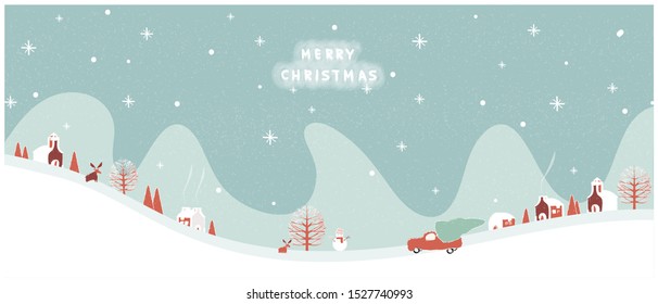 Panorama Vector illustration of Urban city landscape in winter with pick up truck carrying Christmas tree, snow fir ground, deer and snow fall. Minimal xmas winter landscape.