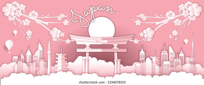 Panorama vector of Japan Landmarks and famous for summer travel banner or postcard illustration as paper art design style pink pastel