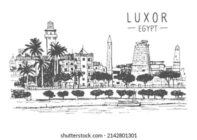 Panorama vector sketch illustration. Travel sketch of Luxor, Egypt. Liner sketches architecture. Freehand drawing. Line art drawing with a pen on paper. Urban sketch in black color on white background