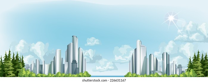 Panorama of vector urban city with forest and river