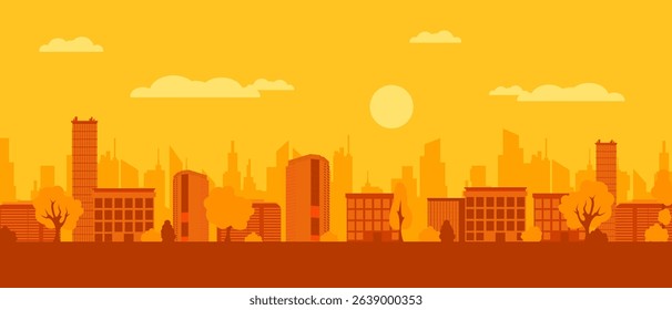Panorama of a vibrant city showing skyscrapers and trees during the day with a sunny sky.