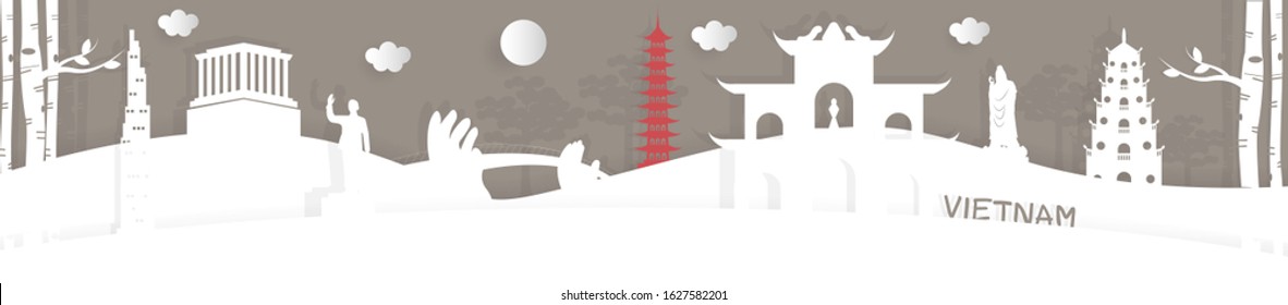 Panorama Vietnam world famous landmarks in paper cut style vector illustration