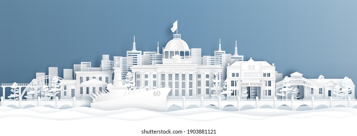 Panorama view Alabama, United States of America  skyline with world famous landmarks in paper cut style vector illustration.