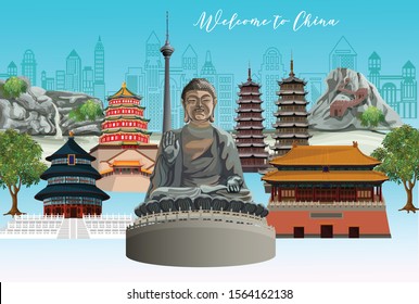 Panorama view of ancient Chinese famous landmark  on sky blue background and famous Chinese tourist attractions