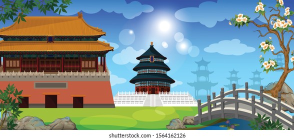 Panorama view of ancient Chinese landmark  on sky blue background with Forbidden City  near the bridge and plum blossom tree -vector