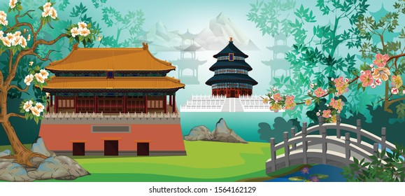 Panorama view of ancient Chinese landmark  on green background with Forbidden City  near the bridge and plum blossom tree around with forest nature -vector