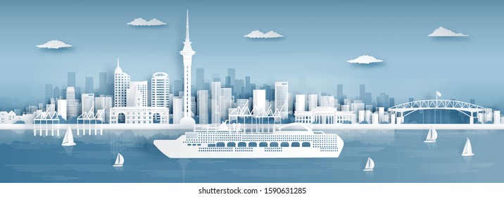 Panoramablick auf die Auckland-Skyline mit weltbekannten Wahrzeichen in Vektorillustration mit Papierschnitt