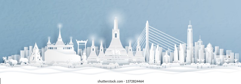 Panorama view of of Bangkok, Thailand with city skyline and world famous landmarks in paper cut style vector illustration