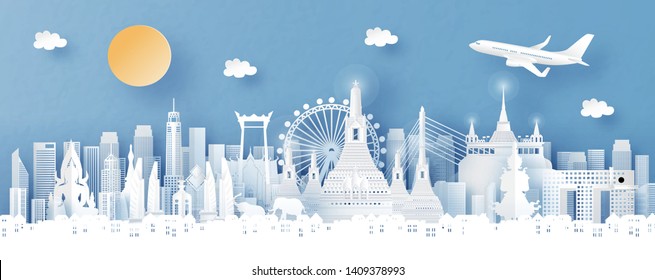 Panorama view of Bangkok, Thailand with temple and city skyline with world famous landmarks in paper cut style vector illustration