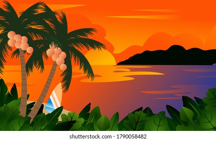 panorama view beach sunrise sunset hot orange background