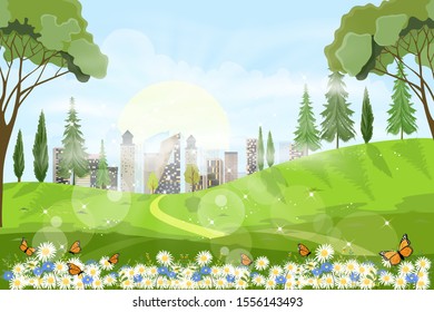 Panorama view of a beautiful summer city park,Vector cartoon Summer landscape with butterfly flying over daisy field, Nature scene with town and hill, fresh spring  scenery 