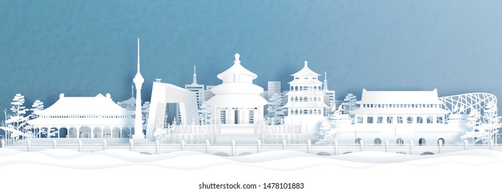 Panorama View Of Beijing Skyline With World Famous Landmarks Of China In Paper Cut Style Vector Illustration.