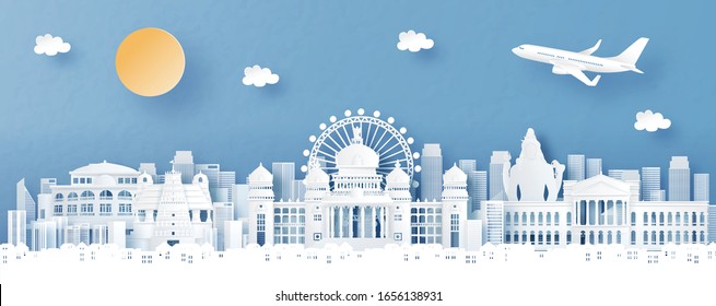 Panorama view of Bengaluru, India with temple and city skyline with world famous landmarks in paper cut style vector illustration