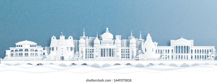 Panorama view of Bengaluru skyline with India famous landmarks in paper cut style vector illustration.