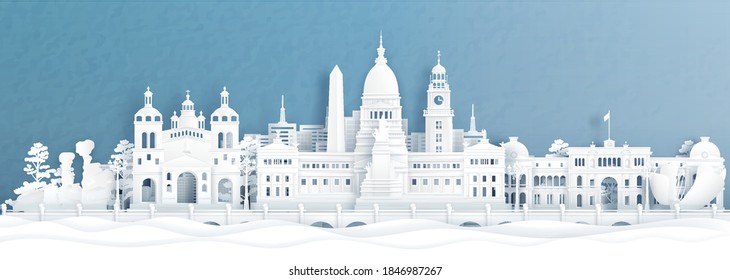 Panorama view of Bueno aires, Argentina skyline with world famous landmarks in paper cut style vector illustration.