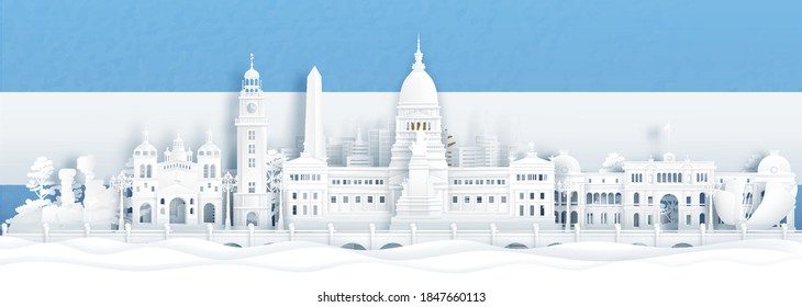 Panorama view of Bueno aires, Argentina skyline with world famous landmarks, Agentina flag in paper cut style vector illustration.