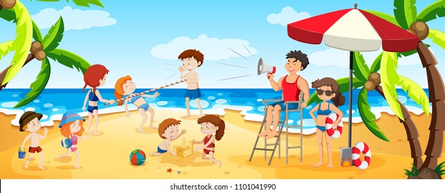 A Panorama View Of Busy Beach Illustration
