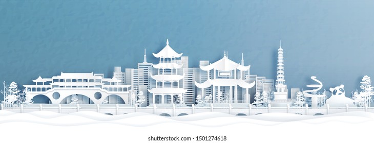 Panorama view of Chengdu city and skyline with world famous landmarks of China in paper cut style vector illustration.