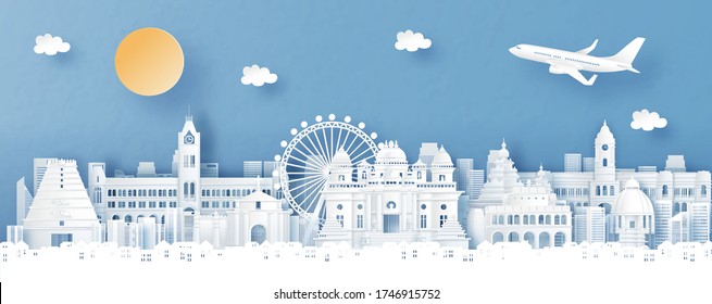 Panorama view of Chennai, India with temple and city skyline with world famous landmarks in paper cut style vector illustration