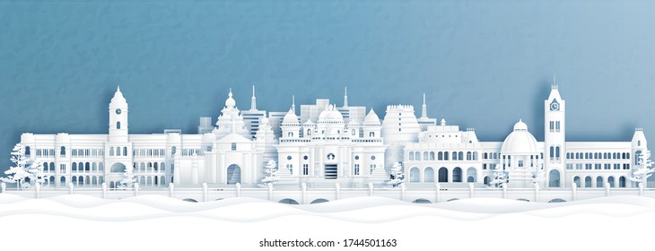 Panorama view of Chennai skyline with world famous landmarks of India in paper cut style vector illustration.