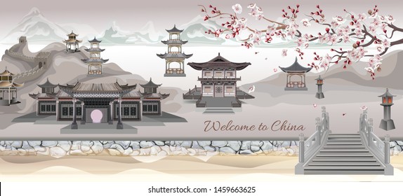 Panorama view of China with Traditional Chinese houses surround with pavilion and mountains -Great wall of China and branches of plum blossoms on a beautiful background