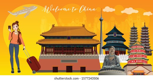 Panorama view of Chinese famous landmark  on sky blue background and famous Chinese tourist attractions