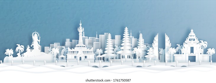 Panorama view of Denpasar, Bali Indonesia skyline with world famous landmarks of Indonesia in paper cut style vector illustration.