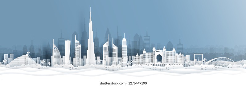 Panorama view of Dubai and city skyline with world famous landmarks in paper cut style vector illustration