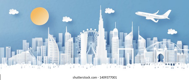 Panorama view of Dubai and city skyline with world famous landmarks in paper cut style vector illustration