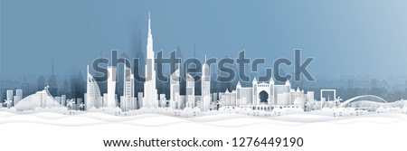 Panorama view of Dubai and city skyline with world famous landmarks in paper cut style vector illustration