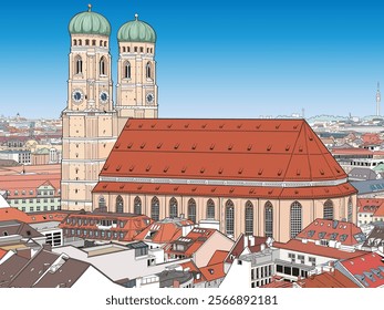 Panorama view of Frauenkirche church in German town München.