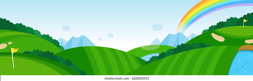 Panorama view of the golf course. A vast golf course with rainbows and hills.