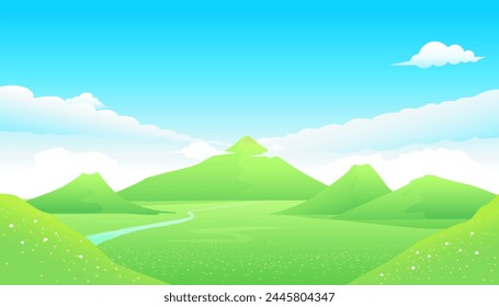 Panorama view with green mountain landscape and blue sky with cloud. 