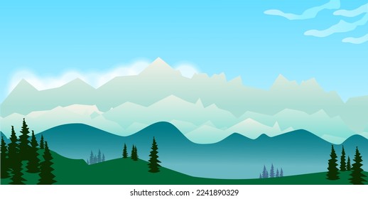 Panorama view of green mountain valley, vector summer or spring landscape background and blue sky. Illustration of nature