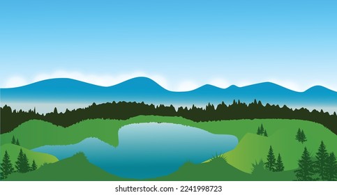 Panorama view of green mountain valley, vector summer or spring landscape background and blue sky. Illustration of nature