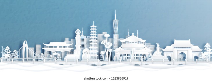 Vista panorámica del horizonte de Guangzhou con los famosos monumentos de China en la ilustración vectorial de estilo corte de papel.